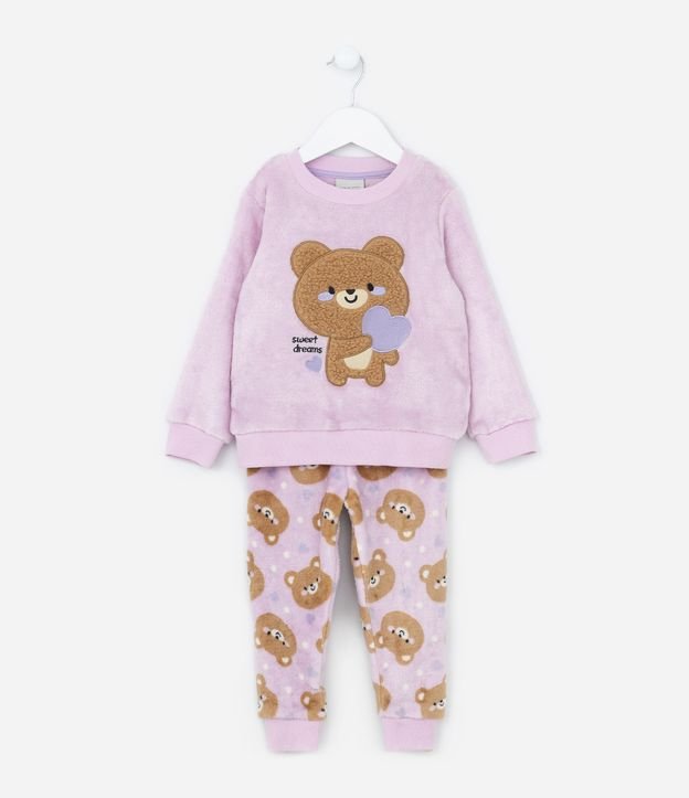 Pijama Infantil em Fleece Estampa Bordada de Ursinho -Tam 1 a 4 anos