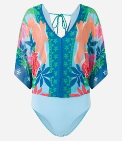 Body em Tule com Amarração nas Costas e Estampa de Folhagem Tropical