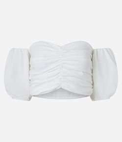 Blusa Cropped em Linho com Manga Balonê e Franzido Busto