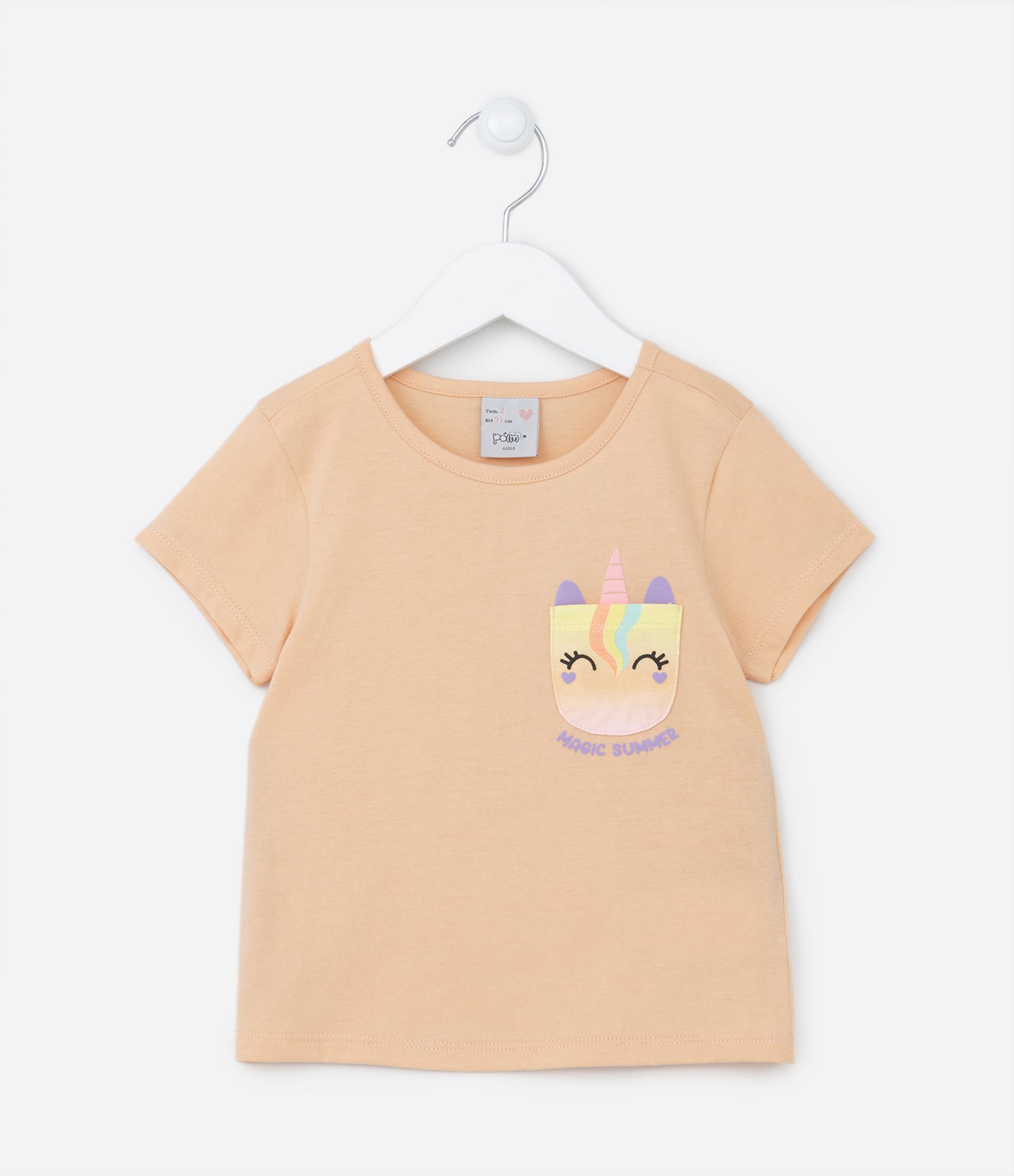 Camiseta Infantil com Bolsinho Interativo de Unicórnio - Tam 1 a 5 Anos Laranja Coral 1