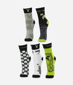 Kit 05 Pares de Meias Infantis Estampa Minecraft - Tam 23/26 ao 35/38