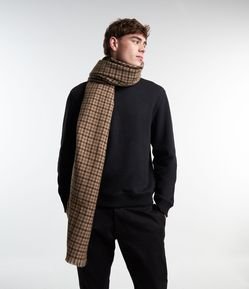 Cachecol Dupla Face com Franjas e Estampa Xadrez