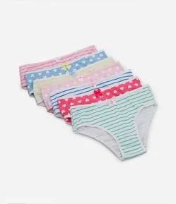Kit 07 Calcinhas Infantis Estampa de Listras e Corações - Tam 2 a 14 Anos