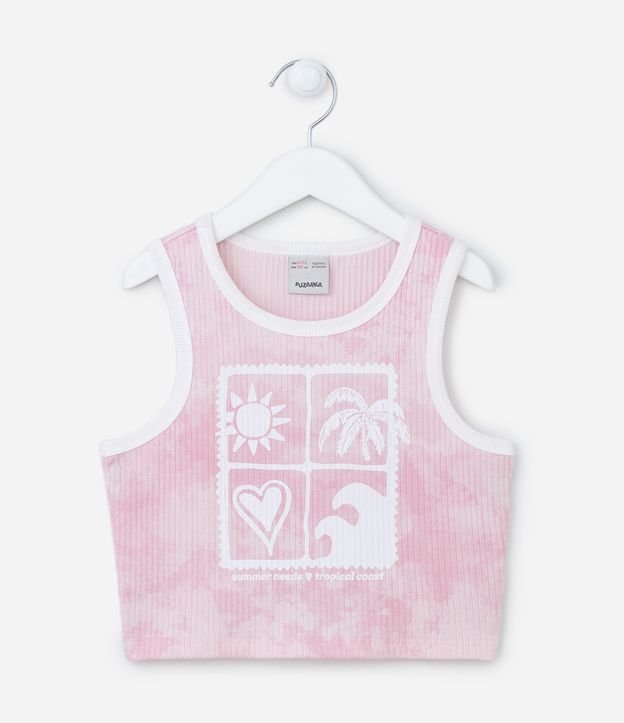 Regata Cropped Infantil Canelada com Estampa Tropical - Tam 5 a 14 Anos