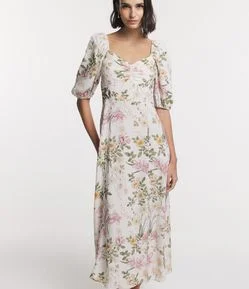 Vestido Midi em Viscolinho com Busto Franzido e Estampa Floral