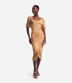 Vestido Midi Drapeado em Tule com Estampa Tie Dye e Mangas Bufantes
