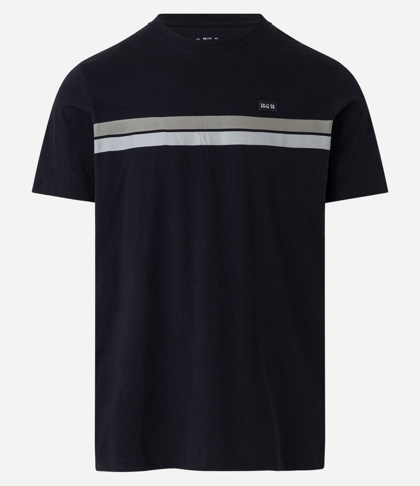 Camiseta Regular em Algodão com Estampa de Listras e Etiqueta Frontal Preto 1