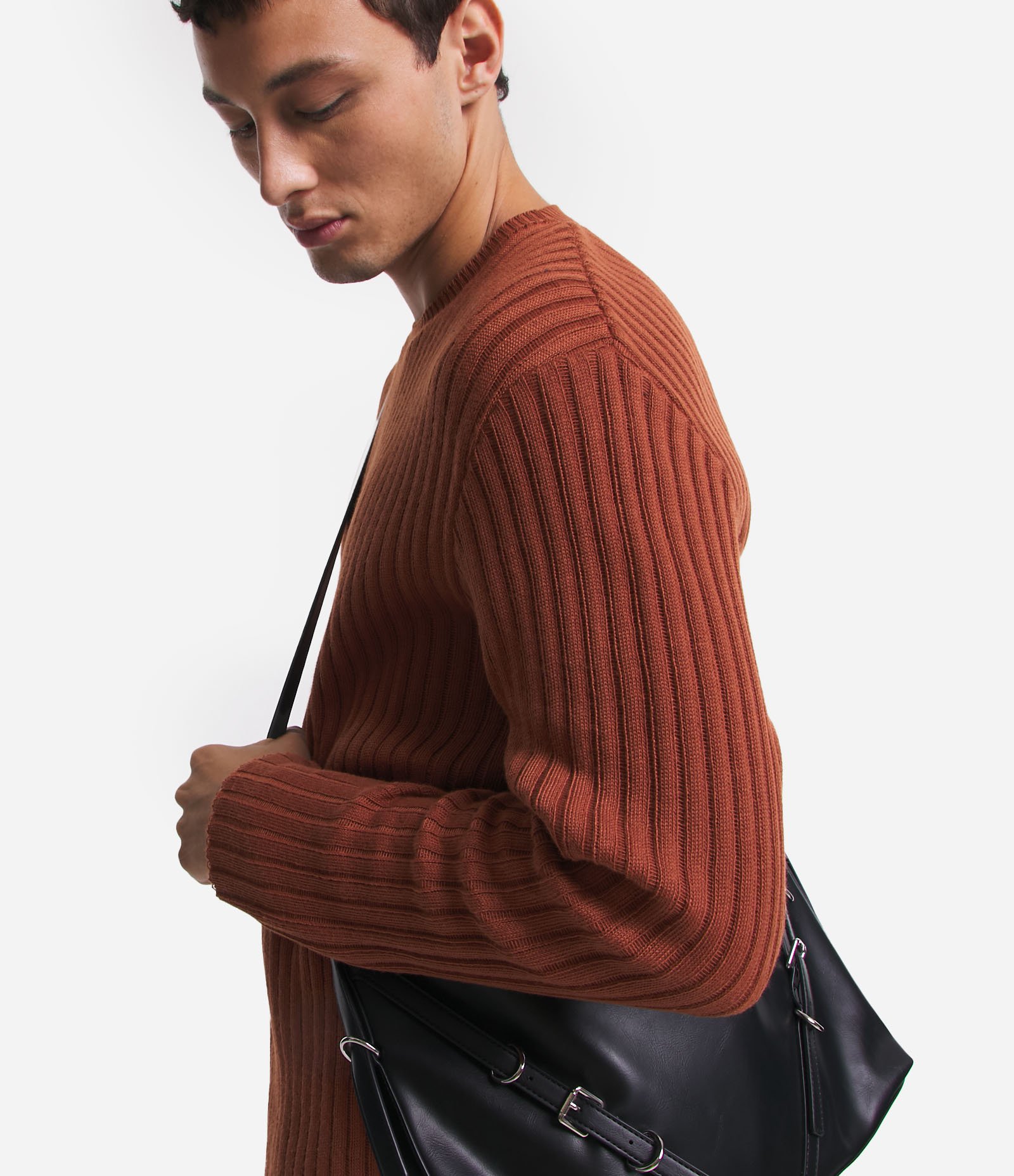 Suéter Slim em Tricô com Textura Canelada Marrom Telha 3