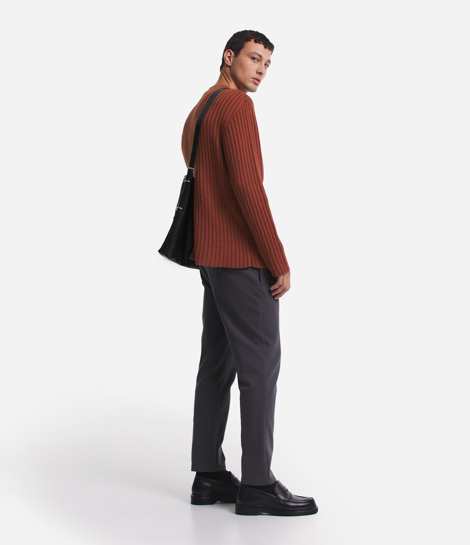 Suéter Slim em Tricô com Textura Canelada Marrom Telha 6