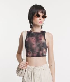 Blusa Cropped sem Manga em Tule com Estampa Abstrata