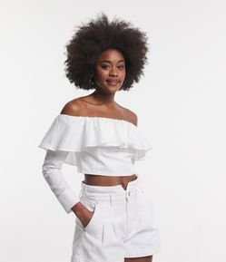 Blusa Cropped em Tricoline Ombro a Ombro com Babados e Lastex nas Costas