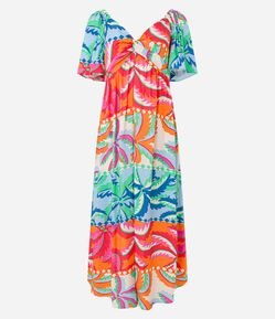 Vestido New Midi em Viscose com Busto Torcido e Estampa Tropical