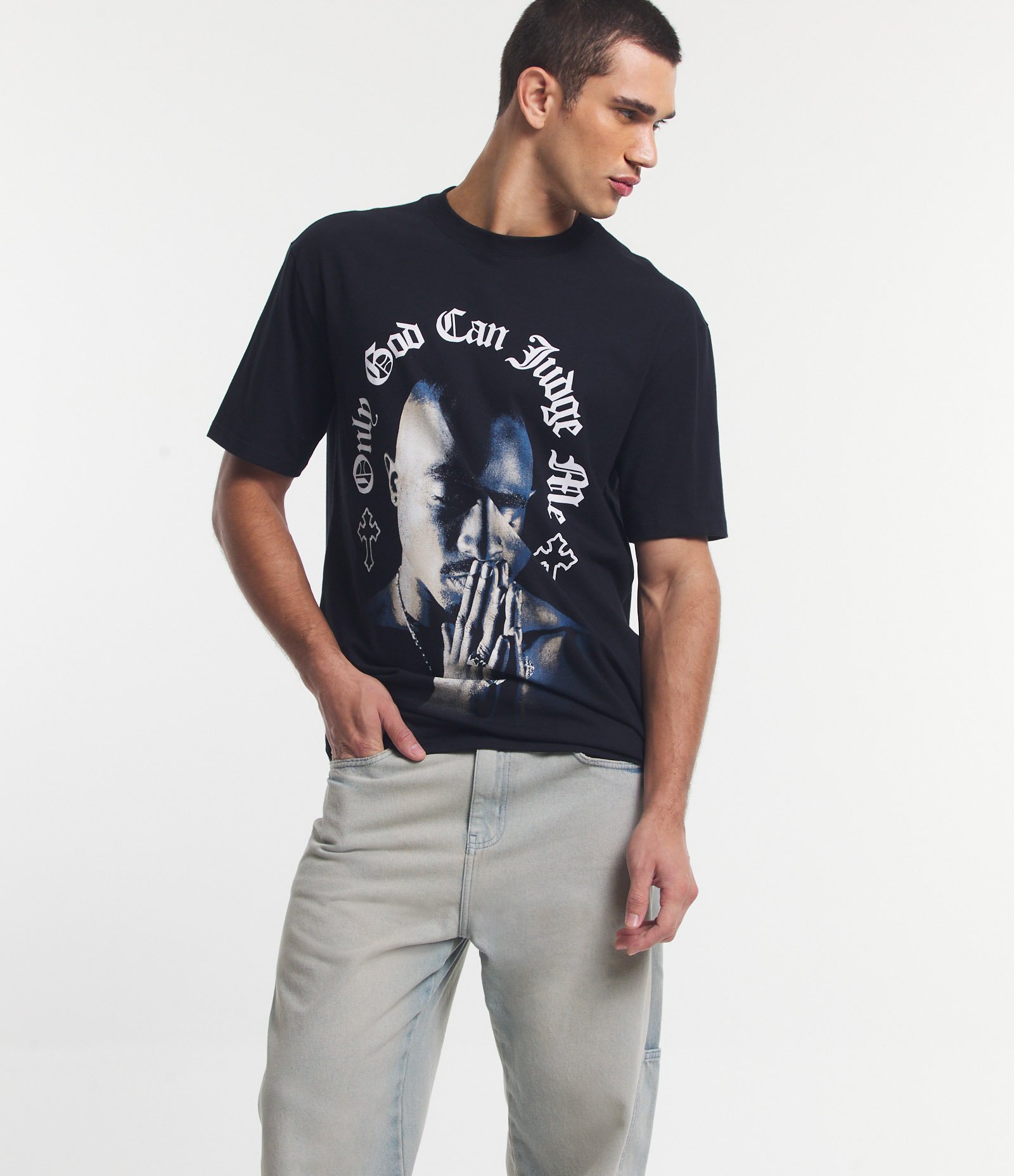 Camiseta Relaxed em Meia Malha com Estampa Tupac Preto 1