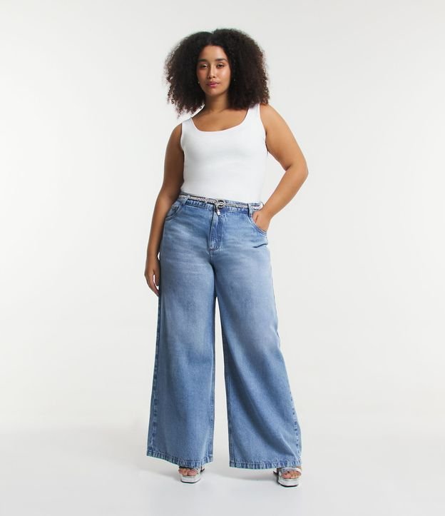 Calça Pantalona Jeans com Lavagem Marmorizada Curve & Plus Size Azul 1