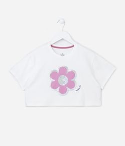 Blusa Cropped Infantil com Estampa de Flor e Paetê - Tam 5 a 14 Anos