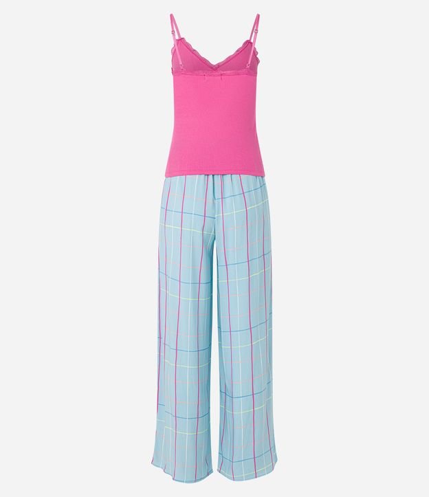 Pijama Longo em Algodão com Blusa Alcinha e Calça Estampa Xadrez Rosa/ Azul 7