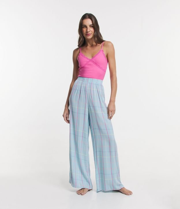 Pijama Longo em Algodão com Blusa Alcinha e Calça Estampa Xadrez Rosa/ Azul 1