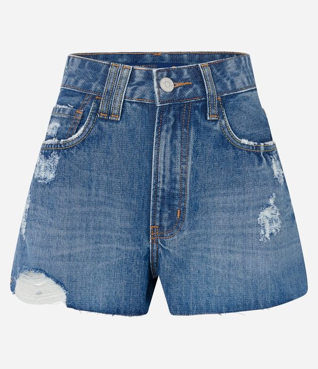 Short Hot Pants em Jeans com Puídos e Barra Dobrada Azul