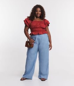 Calça Pantalona em Jeans com Cós Elástico e Amarração Curve & Plus Size