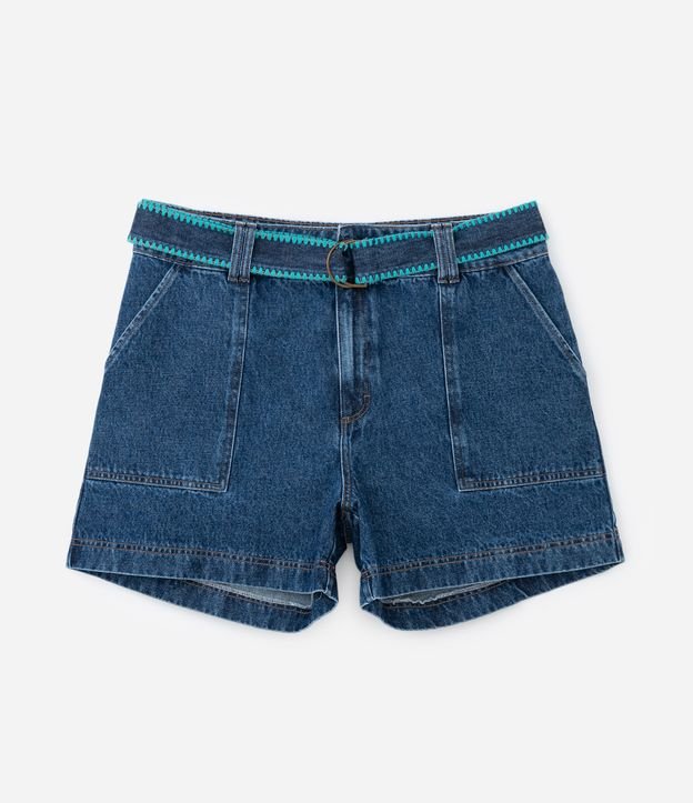 Short Evasê Jeans com Cinto Faixa Bordado Curve & Plus Size Azul 5