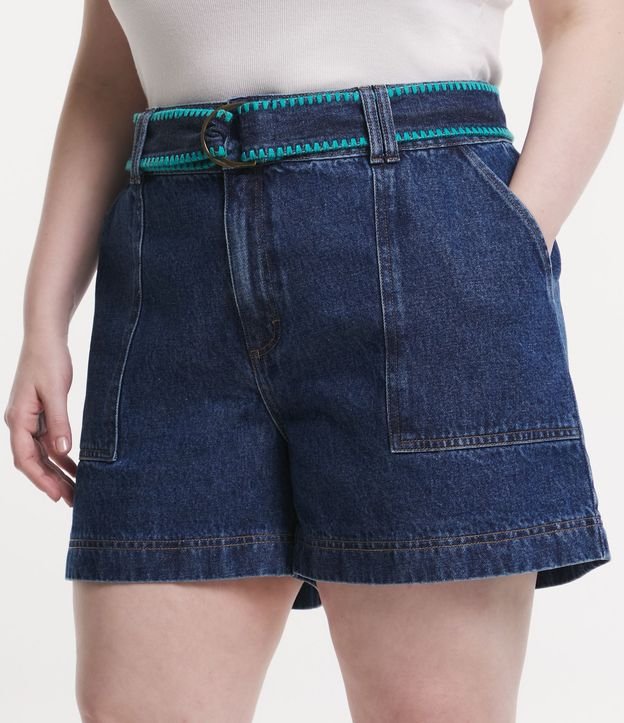 Short Evasê Jeans com Cinto Faixa Bordado Curve & Plus Size Azul 2