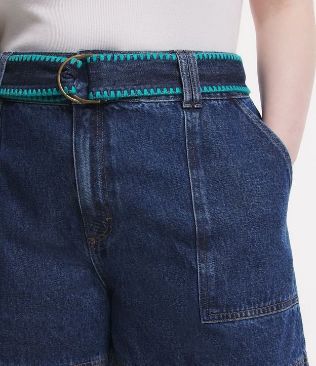 Short Evasê Jeans com Cinto Faixa Bordado Curve & Plus Size Azul 4