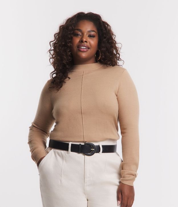 Blusa em Tricô com Gola Alta Curve & Plus Size Bege 1