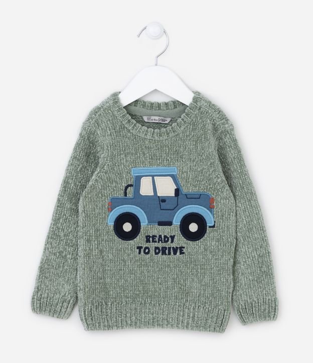 Suéter Infantil em Chenille com Bordado de Carrinho - Tam 1 a 5 anos