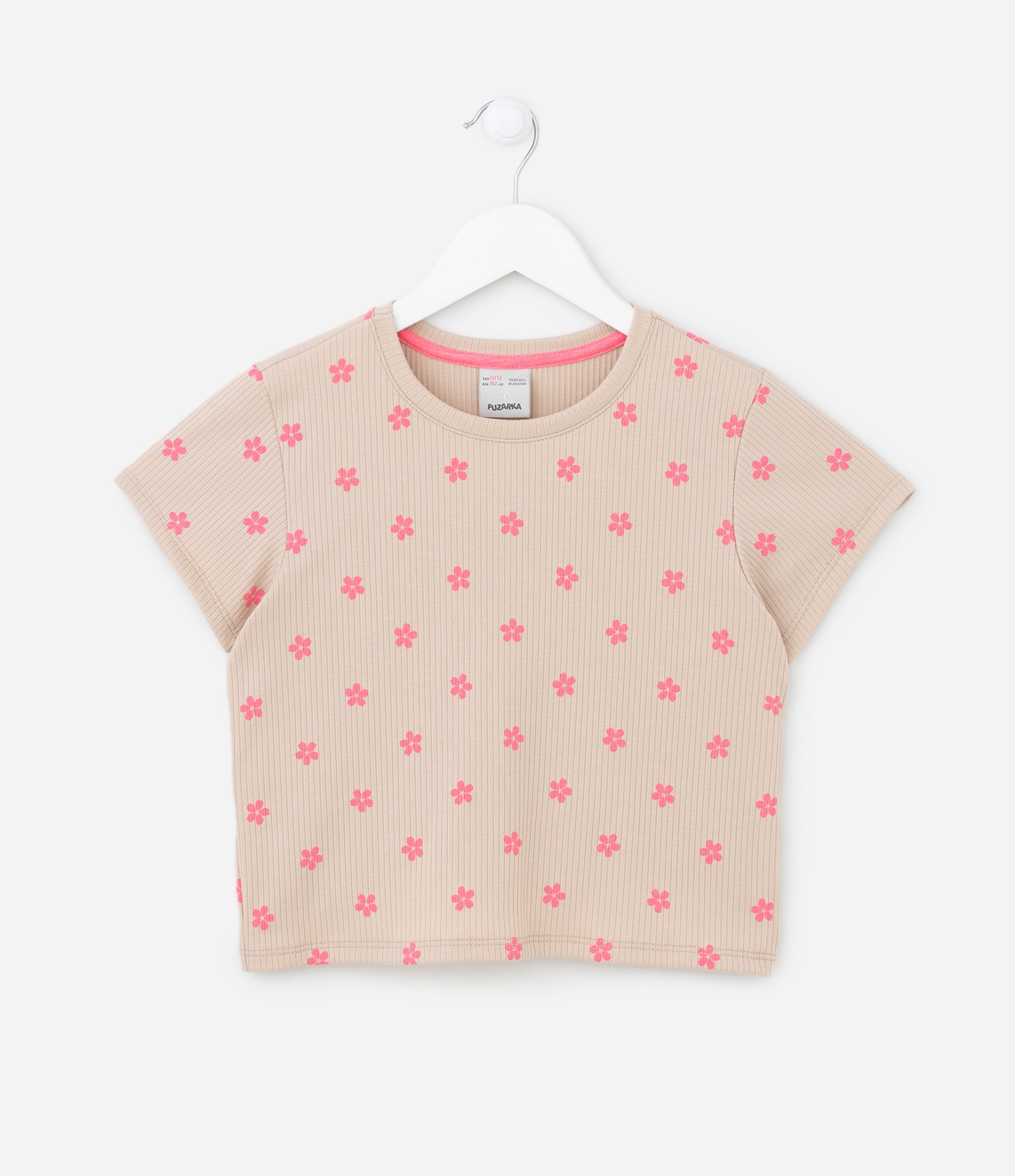 Blusa Cropped Infantil Canelada com Estampa de Florzinhas - Tam 5 a 14 anos Bege 1