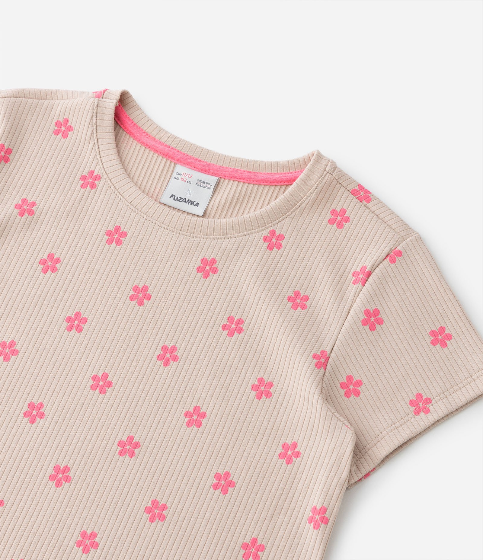 Blusa Cropped Infantil Canelada com Estampa de Florzinhas - Tam 5 a 14 anos Bege 4