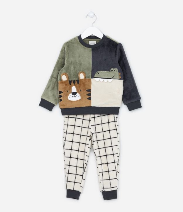 Pijama Longo Infantil em Fleece Color Block com Bordado 3D - Tam 1 a 4 Anos