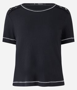 Blusa Manga Curta em Ribana com Botões no Ombro