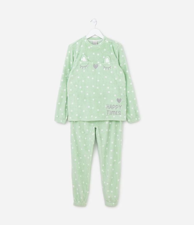 Pijama Infantil em Fleece com Bordado de Carinha Happy Times - Tam 5 a 14 anos