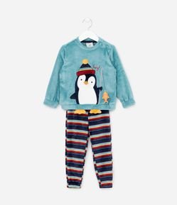 Pijama Infantil em Fleece com Bordado de Pinguim Pescador com Peixinho - Tam 2 a 4 anos