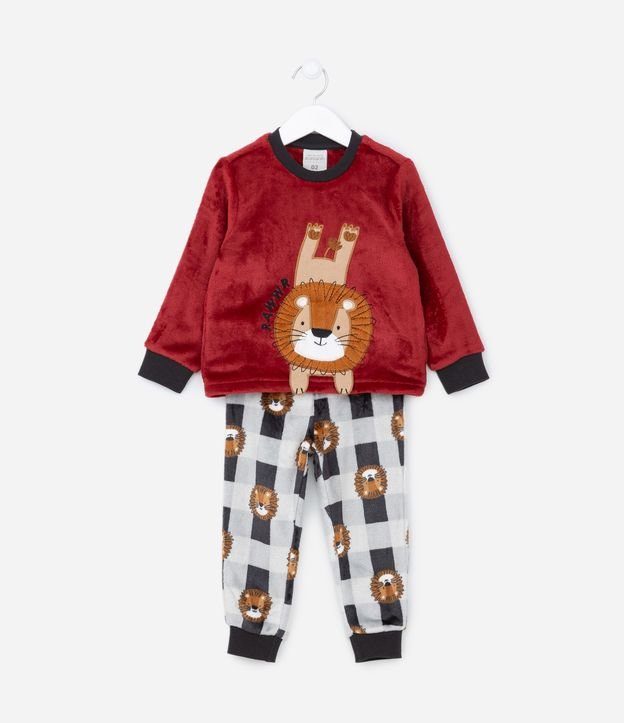 Pijama Infantil em Fleece Estampa Bordada Leão e Xadrez - Tam 2 a 4 anos