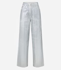 Calça Wide Leg em Sarja Foil e Barra Corte à Fio