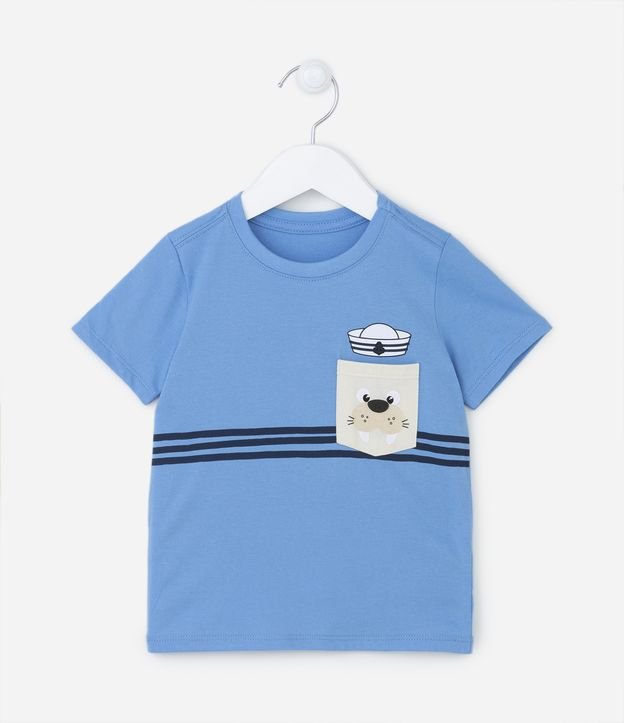 Camiseta Infantil com Listras e Bolsinho Interativo Leão-Marinho - Tam 1 a 5 Anos Azul 1