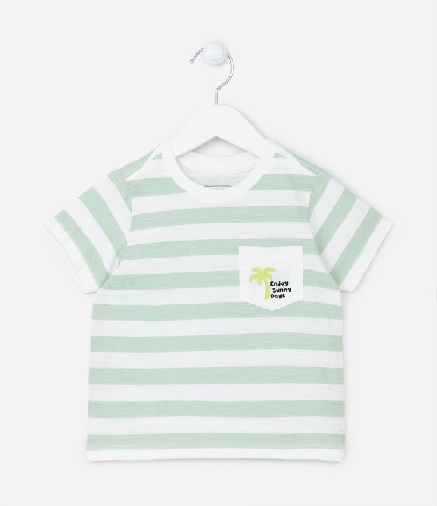 Camiseta Infantil com Estampa Listrada e Bolsinho com Coqueiro - 1 a 5 Anos Off White/ Verde 1