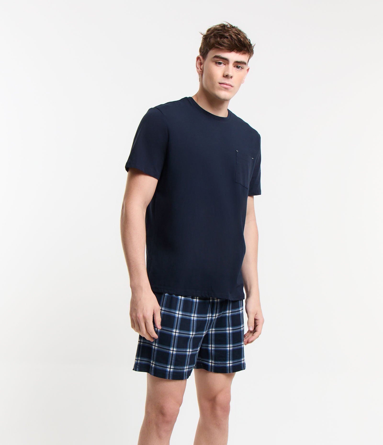 Pijama Curto com Camiseta e Short Xadrez Azul 1