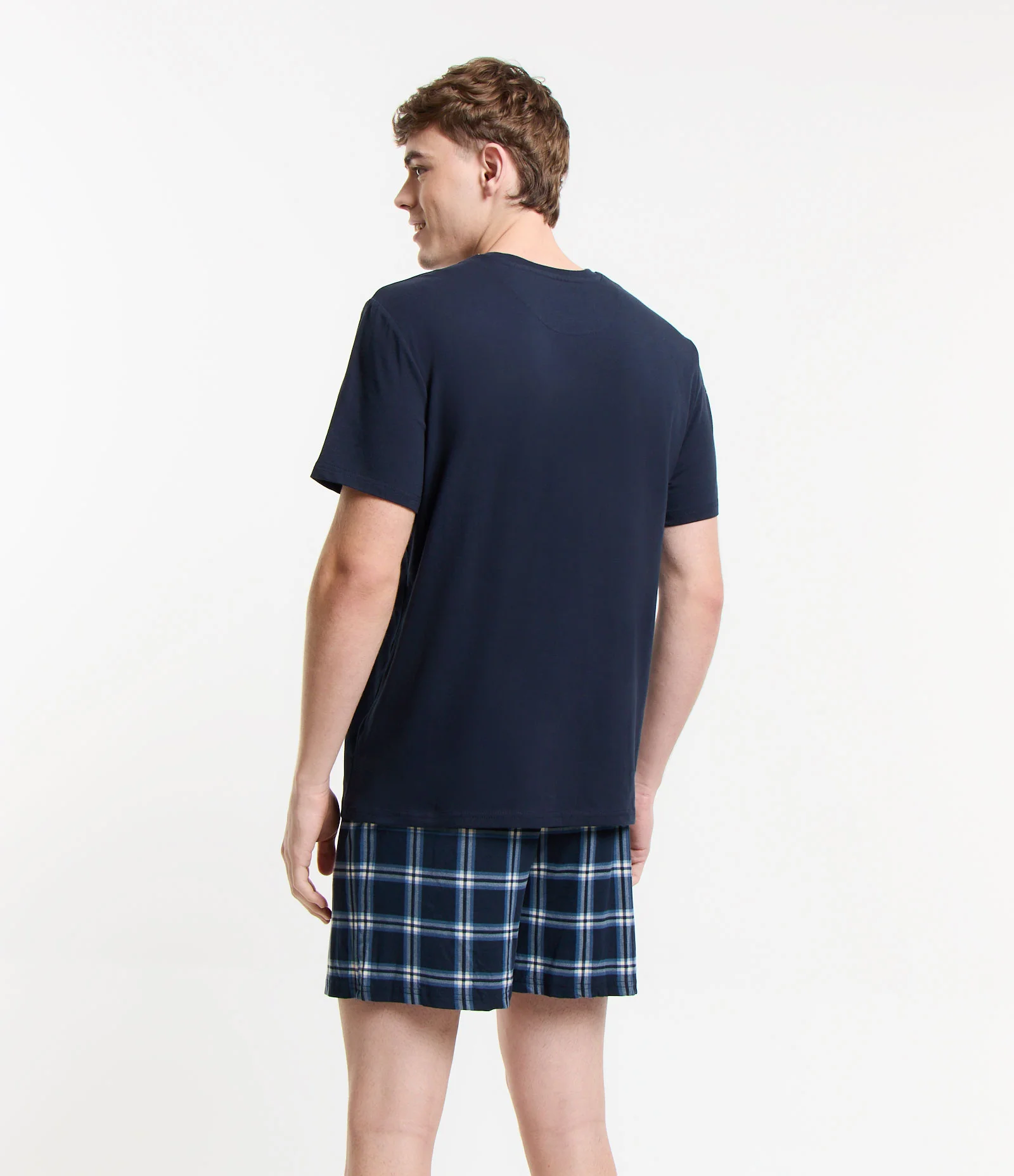 Pijama Curto com Camiseta e Short Xadrez Azul 2