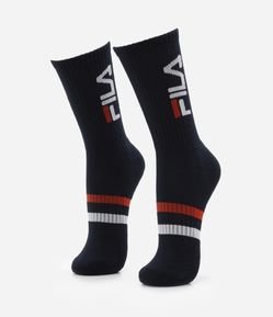 Meia Cano Alto Esportiva em Algodão com Listras e Estampa Logo Fila