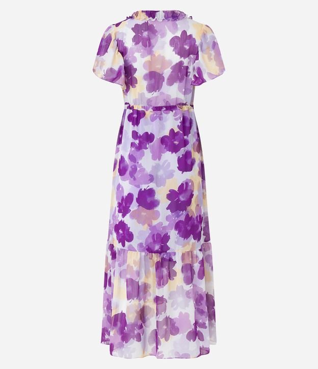 Vestido Longo Manga Evasê em Chiffon com Flores Aquareladas