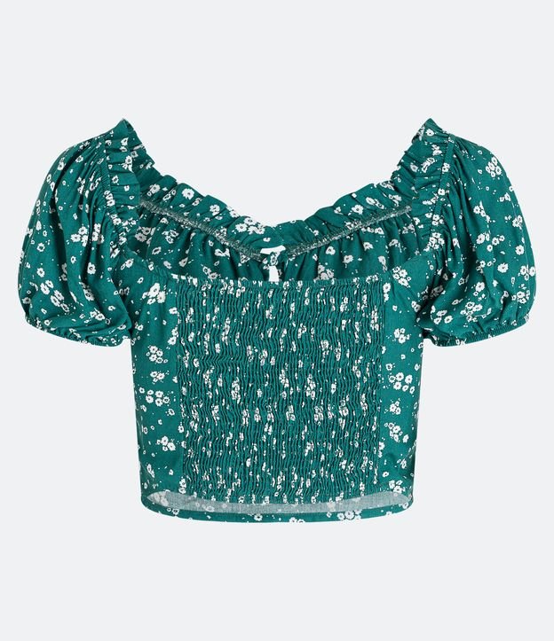 Blusa Cropped em Viscose com Estampa Floral Liberty e Amarração no Busto Verde 6