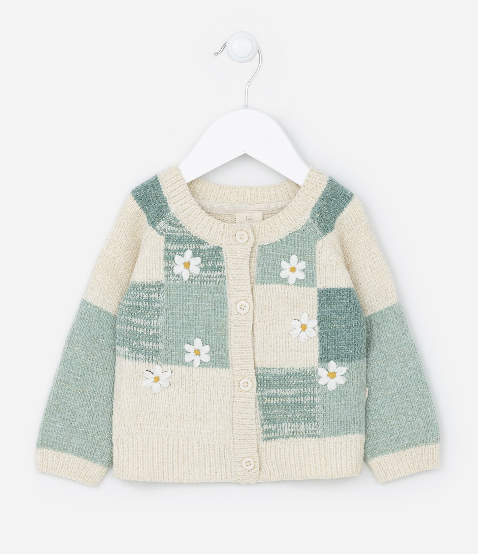 Casaco em Tricô Chenille com Quadrados e Florzinhas - Tam 0 a 18 meses Verde 1