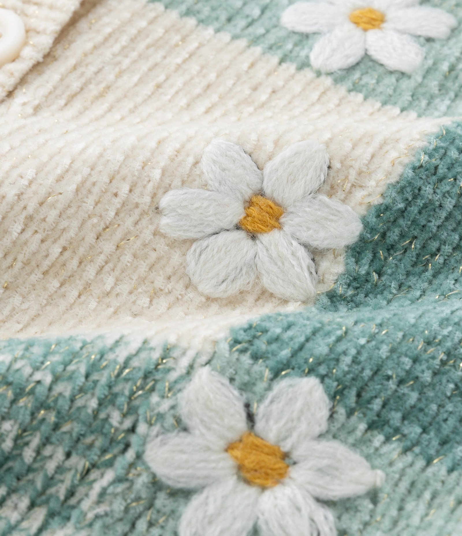 Casaco em Tricô Chenille com Quadrados e Florzinhas - Tam 0 a 18 meses Verde 3