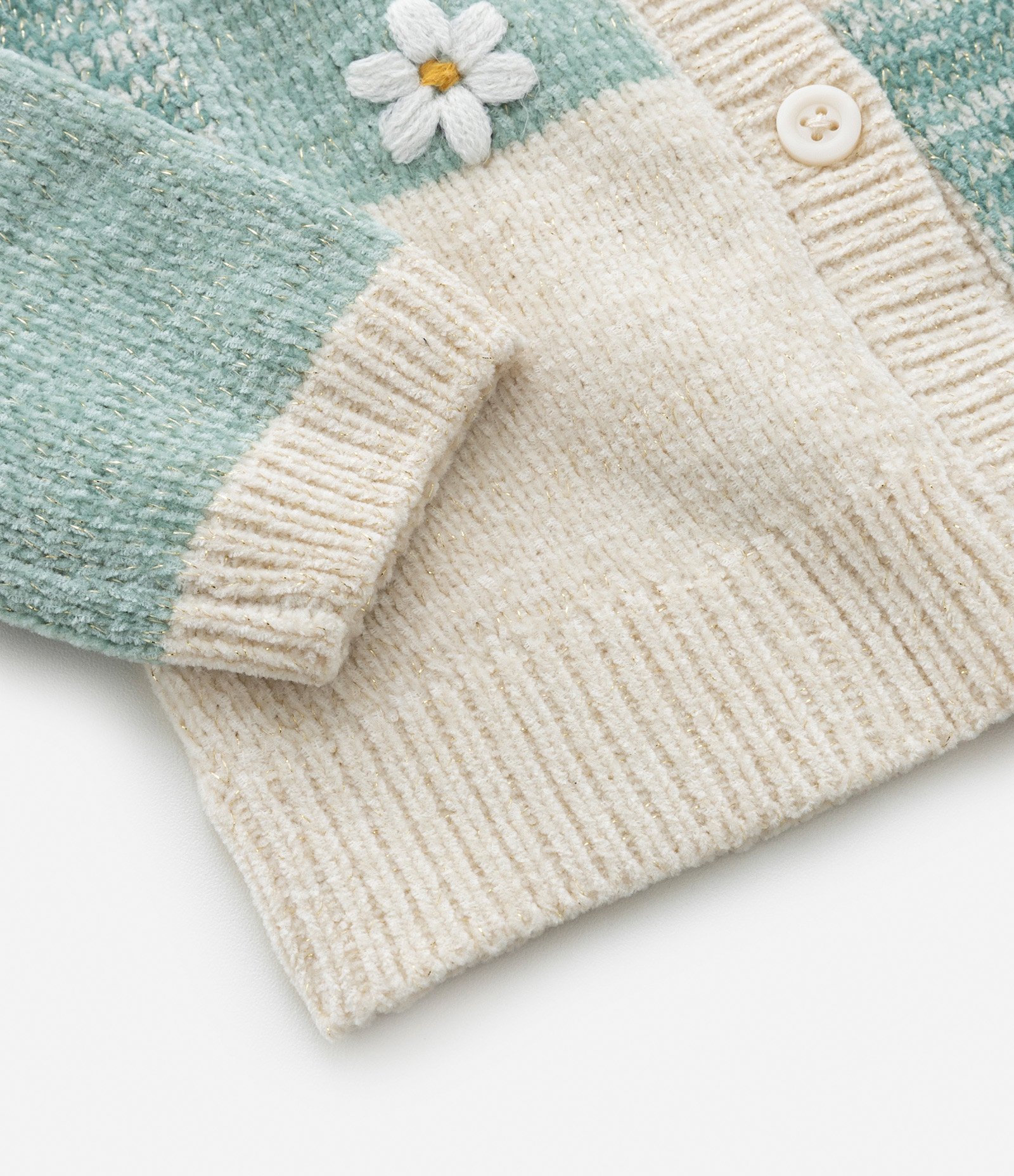 Casaco em Tricô Chenille com Quadrados e Florzinhas - Tam 0 a 18 meses Verde 4