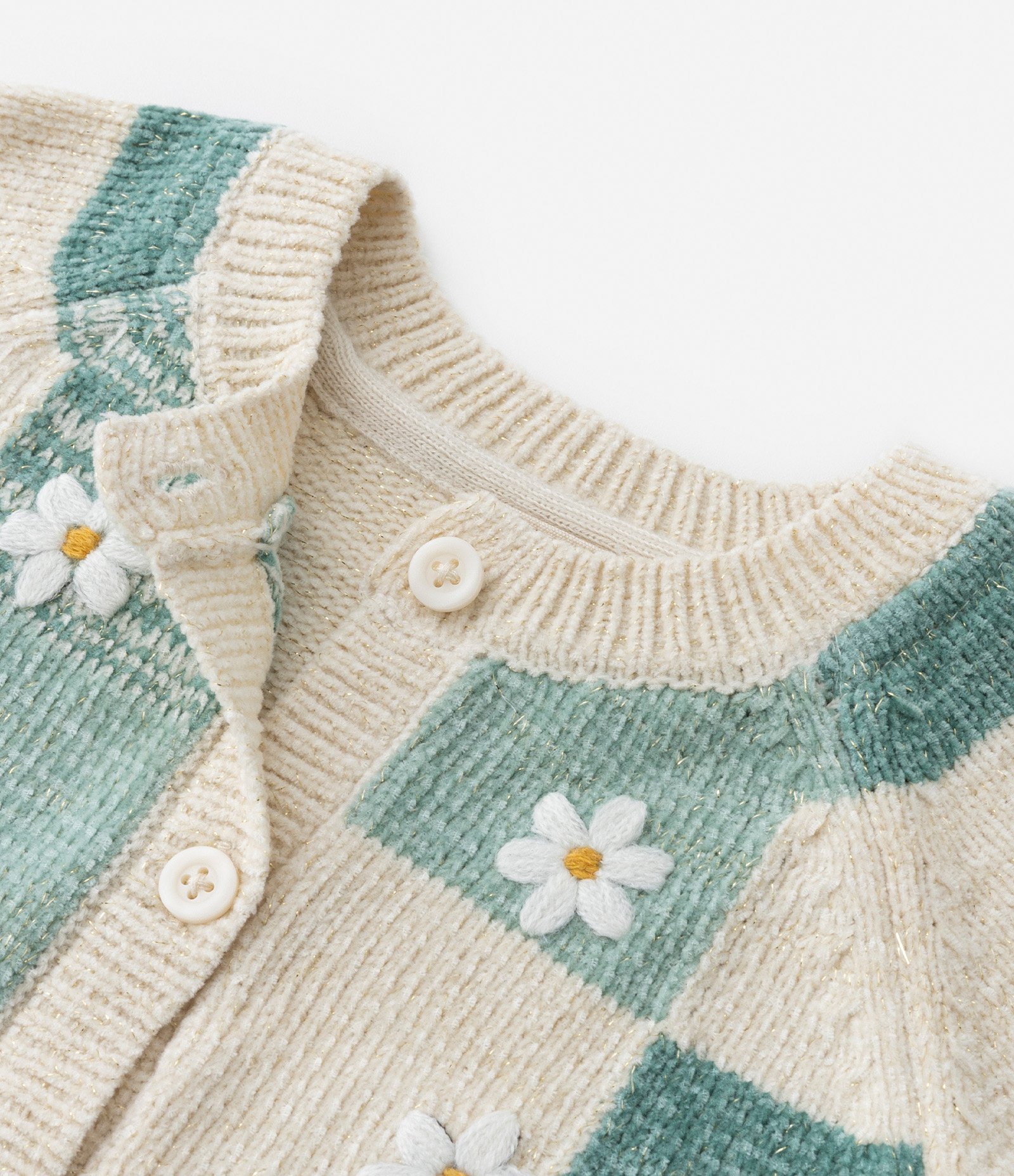 Casaco em Tricô Chenille com Quadrados e Florzinhas - Tam 0 a 18 meses Verde 5