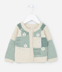 Casaco em Tricô Chenille com Quadrados e Florzinhas - Tam 0 a 18 meses