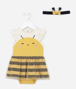 Vestido Body Infantil Estampa Abelhinha com Tiara de Cabelo - Tam 0 a 18 meses