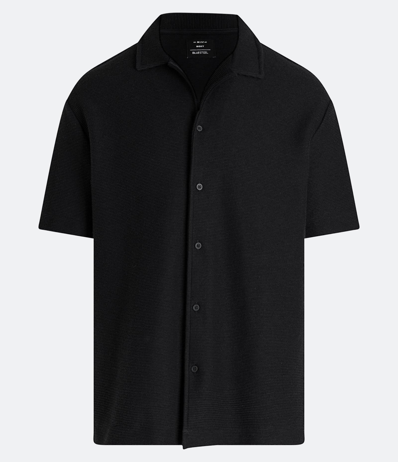 Camisa Boxy em Meia Malha com Textura e Gola Colarinho Preto 5